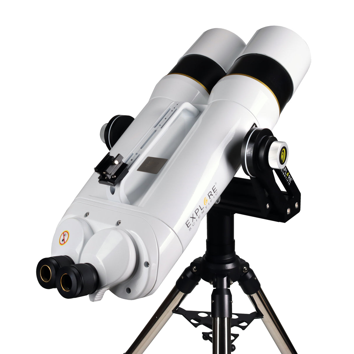 Explore Scientific BT 150mm ED Giant Binocular mounted on a fork mount and stainless steel tripod, angled upward at the sky with both 20mm eyepieces and the altitude friction knob visible