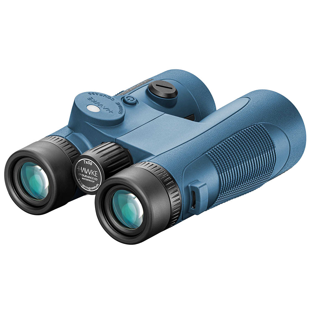 Hawke Endurance ED Marine 7x50 Compass binocular, rear view showing the illuminated compass module, twist-up eyecups, and focus