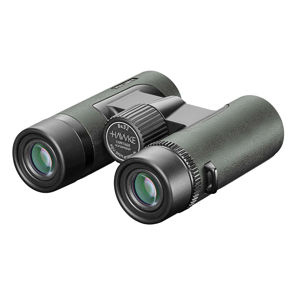 Hawke Vantage 8x32 binocular, rear view showing twist-up eyecups, diopter ring and 8x32 eyecup markings
