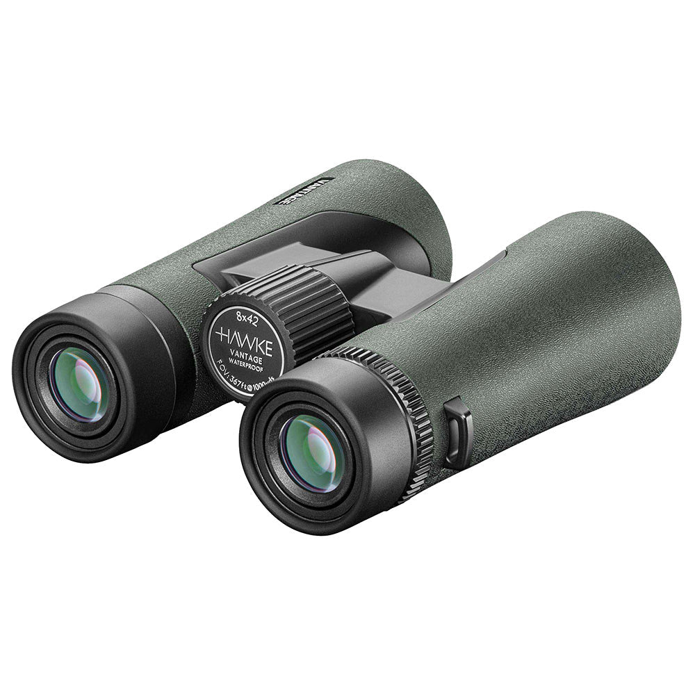 Hawke Vantage 8x42 binocular, rear view showing twist-up eyecups, diopter ring and 8x42 eyecup markings