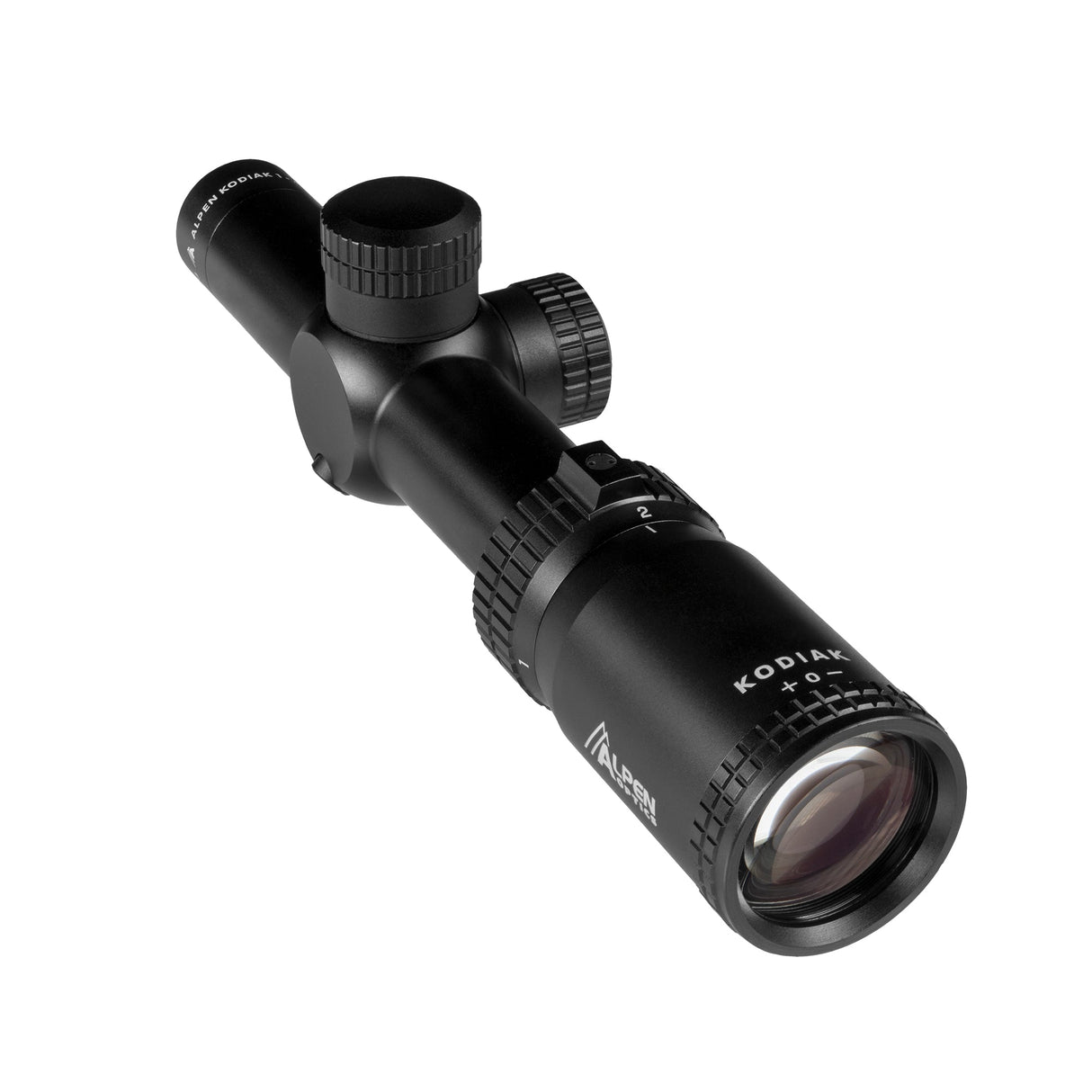 Alpen Kodiak 1-4x24 top-down view of elevation turret showing 1/2 MOA click graduation