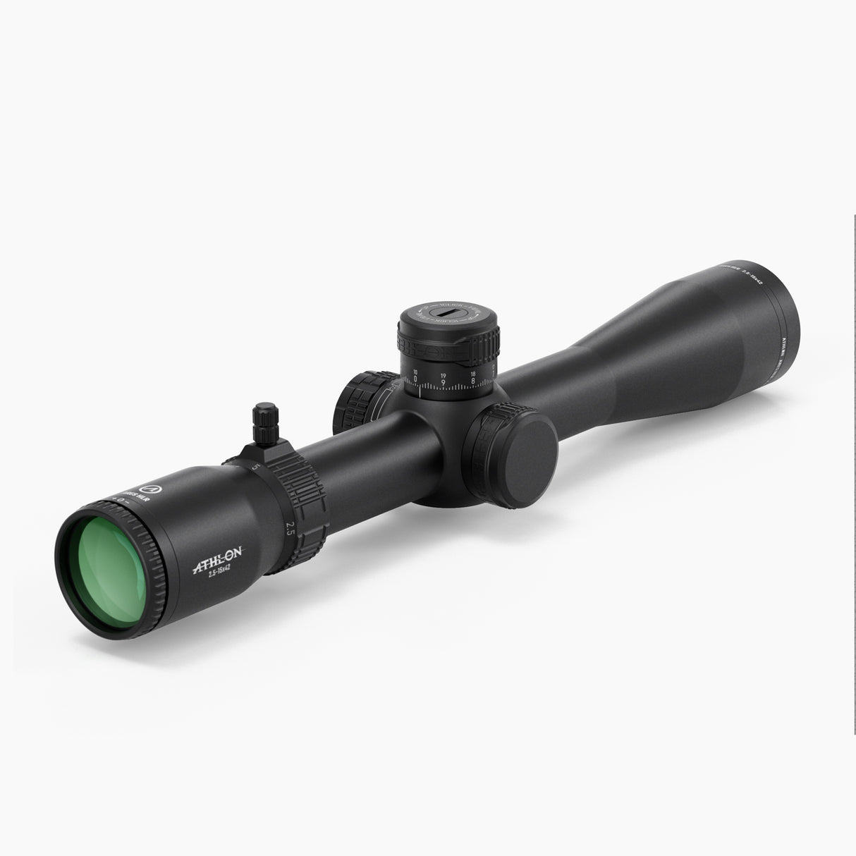 Athlon Ares HLR 2.5-15x42 MIL riflescope eyepiece side showing magnification ring, throw lever, and windage turret