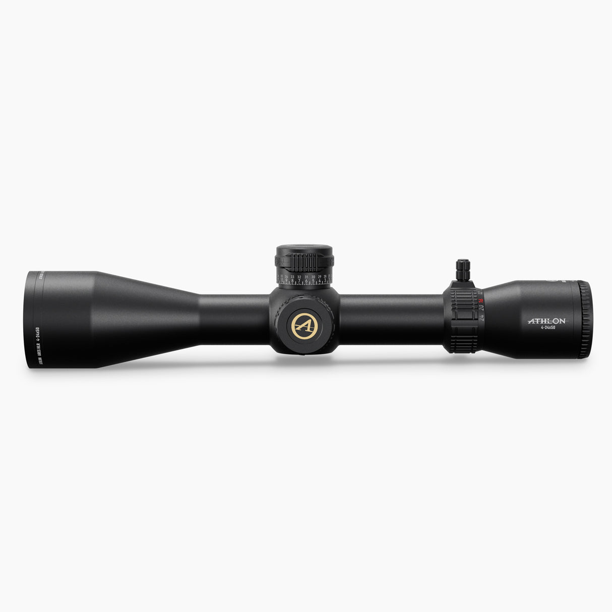 Athlon Ares HLR 4-24x50 riflescope top-down view showing elevation turret cap, side parallax focus, and 30mm tube