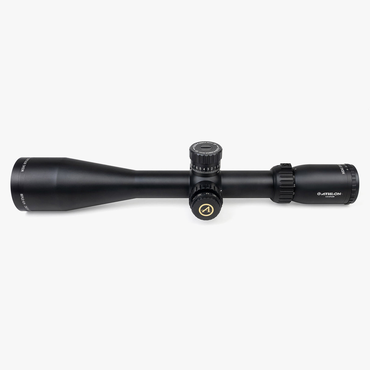 Athlon Midas BTR Gen2 HD 4.5-27x50 riflescope side profile showing 13.8-inch length, exposed turrets, and 30mm tube
