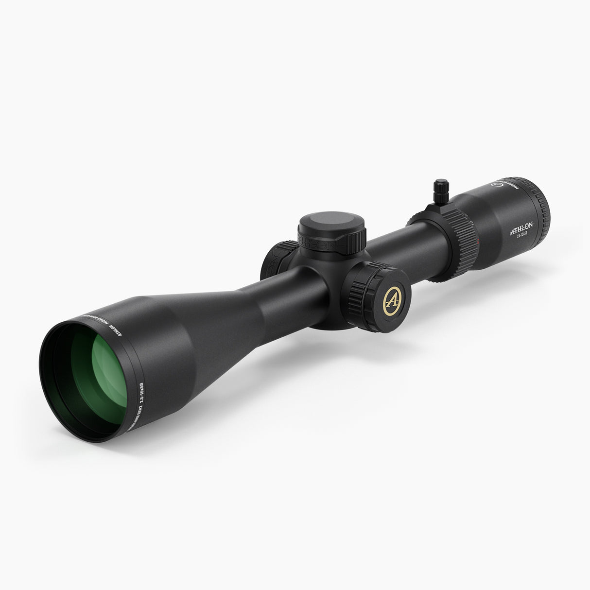 Athlon Midas HMR Gen2 2.5-15x50 riflescope showing capped turrets and side focus parallax adjustment