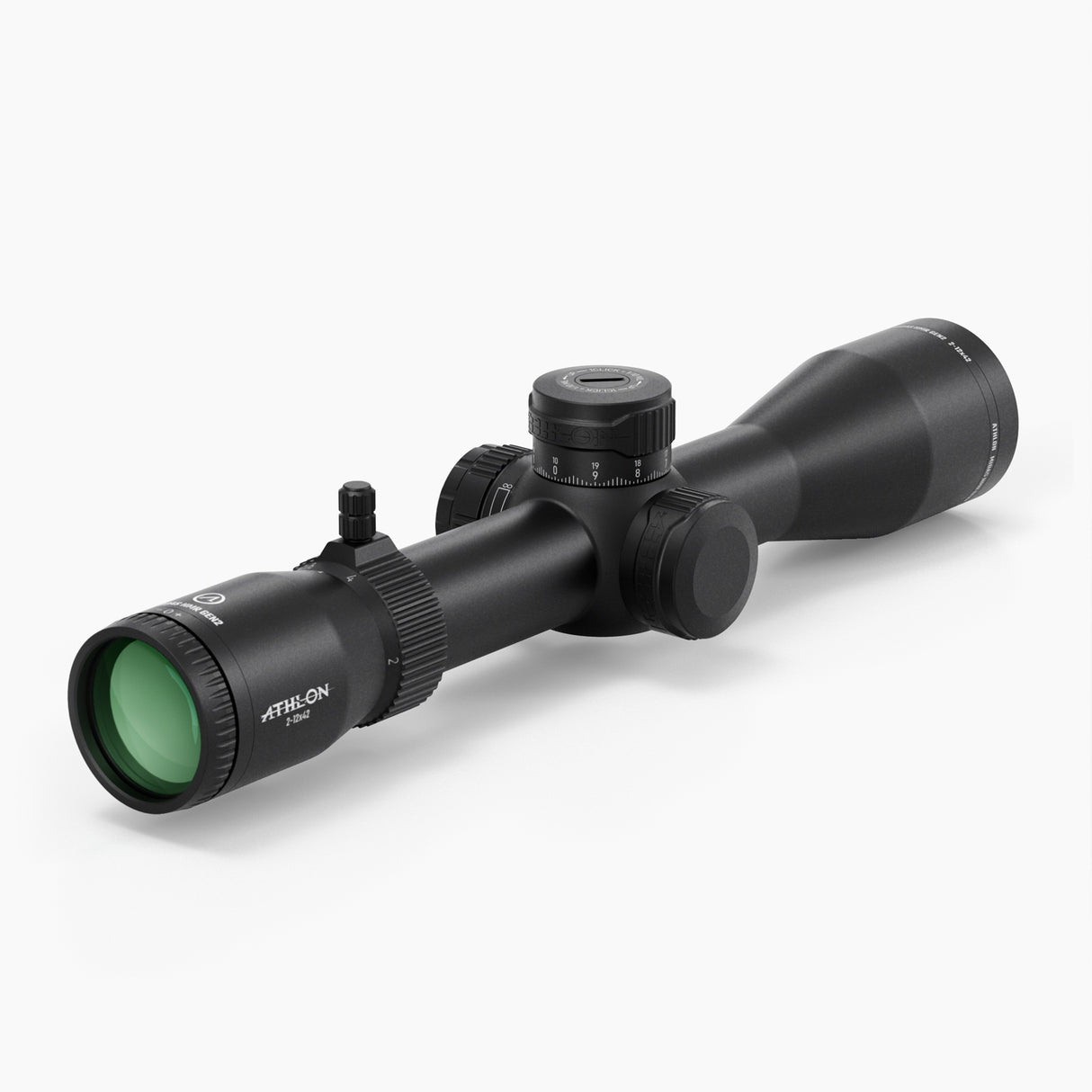 Athlon Midas HMR Gen2 2-12x42 MIL angled view showing 42mm objective lens and magnification ring