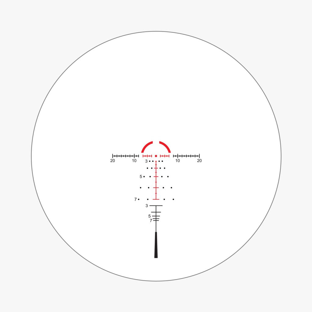 ATMR4 SFP IR MOA reticle view showing illuminated quartered half-circle, BDC holdover marks, and ranging reticle for 300-700 yards