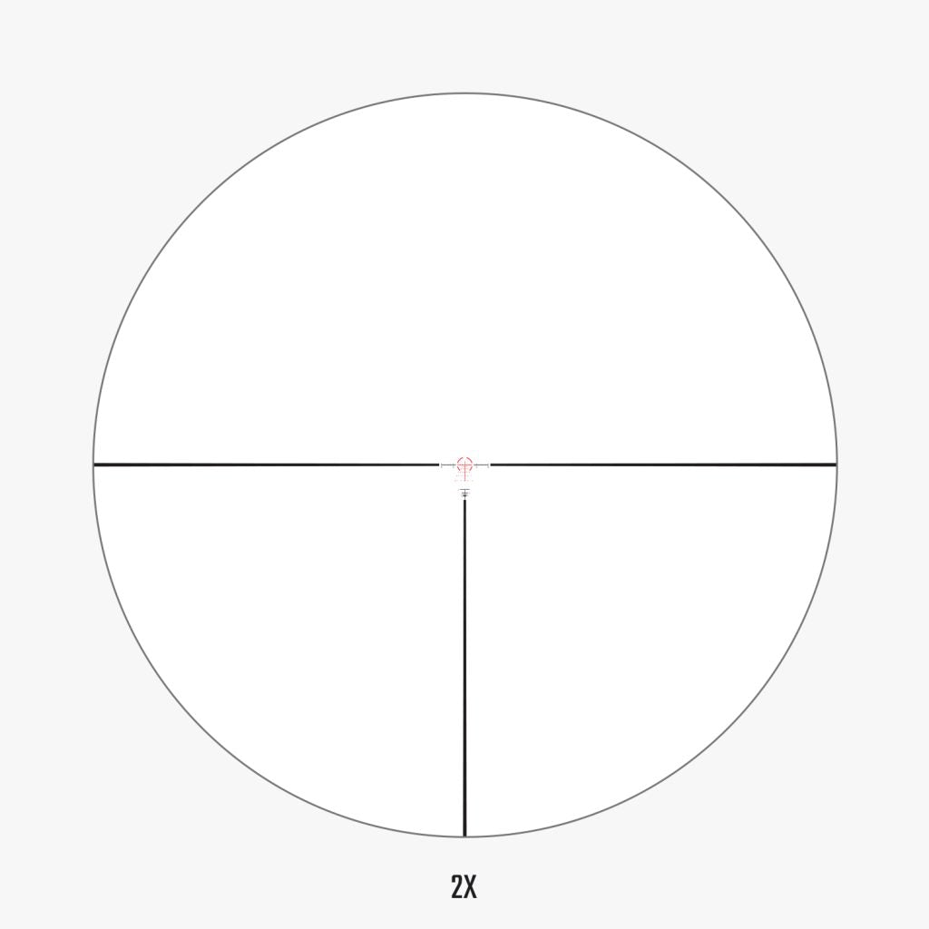 AHMR2 FFP IR MOA reticle view at 2x magnification showing illuminated center circle and dot for fast target acquisition