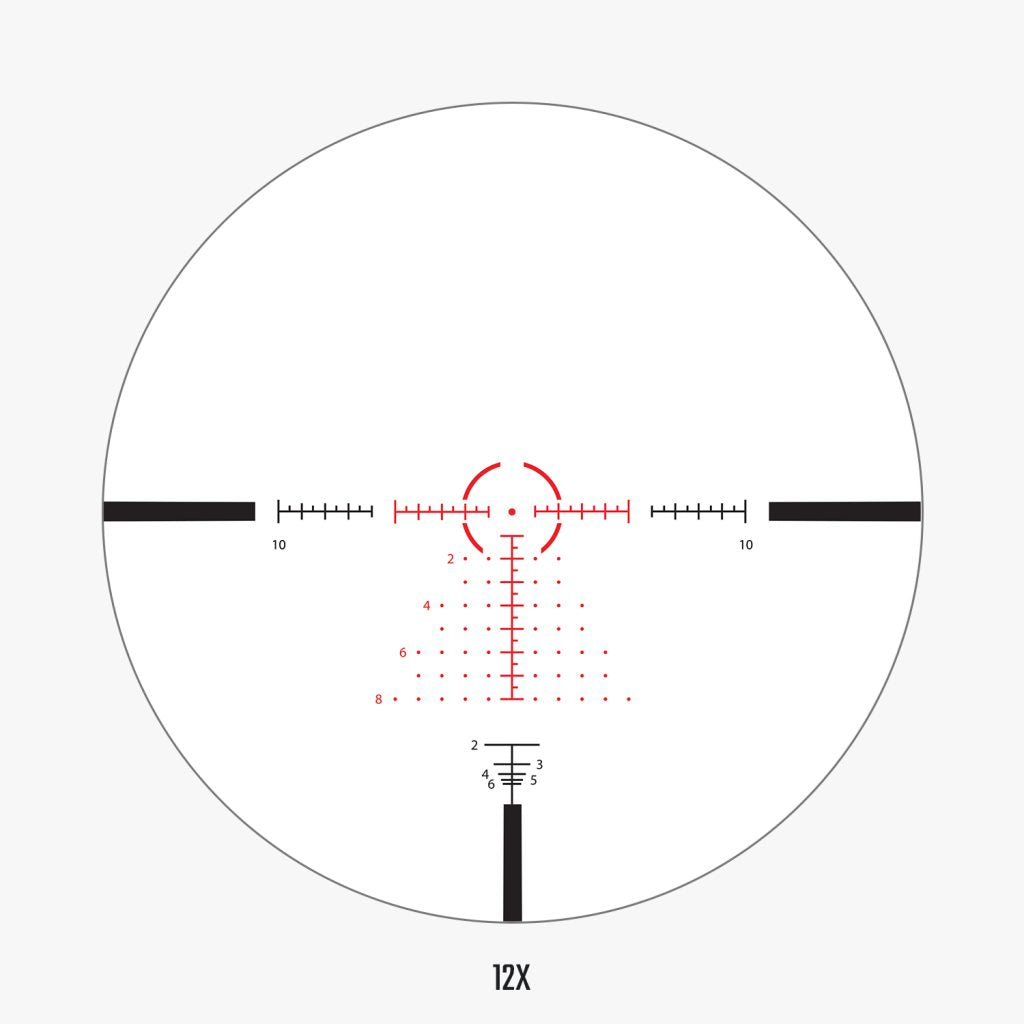 AHMR2 FFP IR MIL reticle view at 12x magnification showing detailed MIL hash marks, holdover dots, and ranging reticle