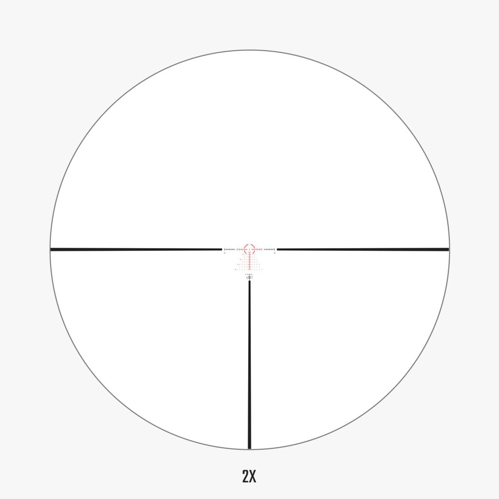 AHMR2 FFP IR MIL reticle view at 2x magnification showing illuminated center circle and dot for fast target acquisition