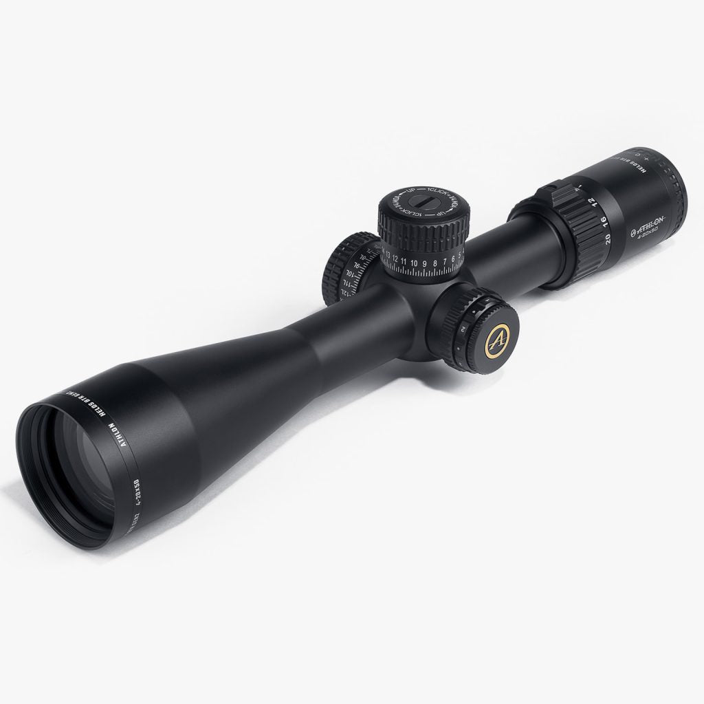 Athlon Optics Helos BTR GEN2 4-20x50 APLR6 MOA riflescope front three-quarter view showing 30mm tube, exposed locking turrets, and 50mm objective bell