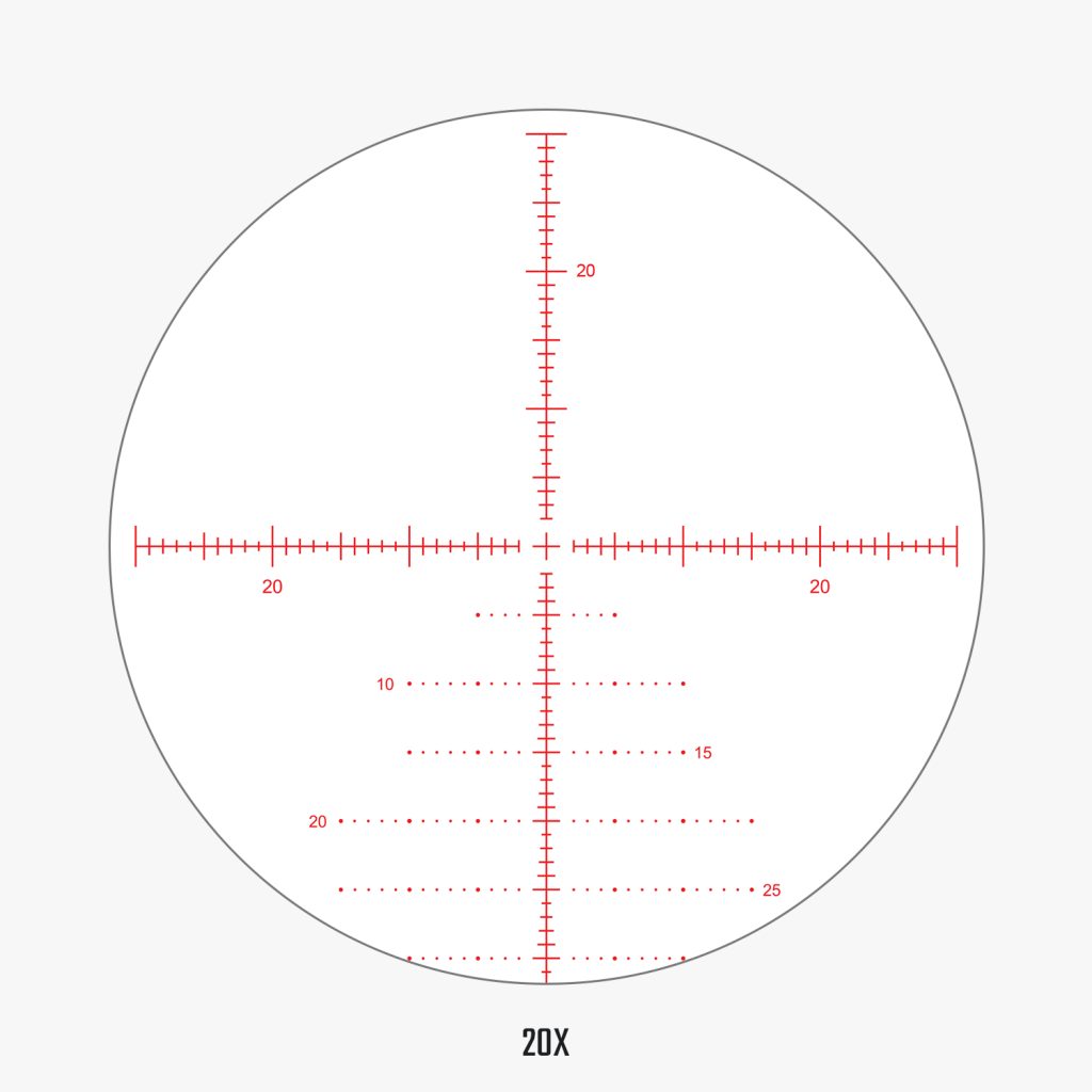 APLR6 FFP IR MOA reticle view at 20x magnification showing detailed MOA hash marks and wind hold dots