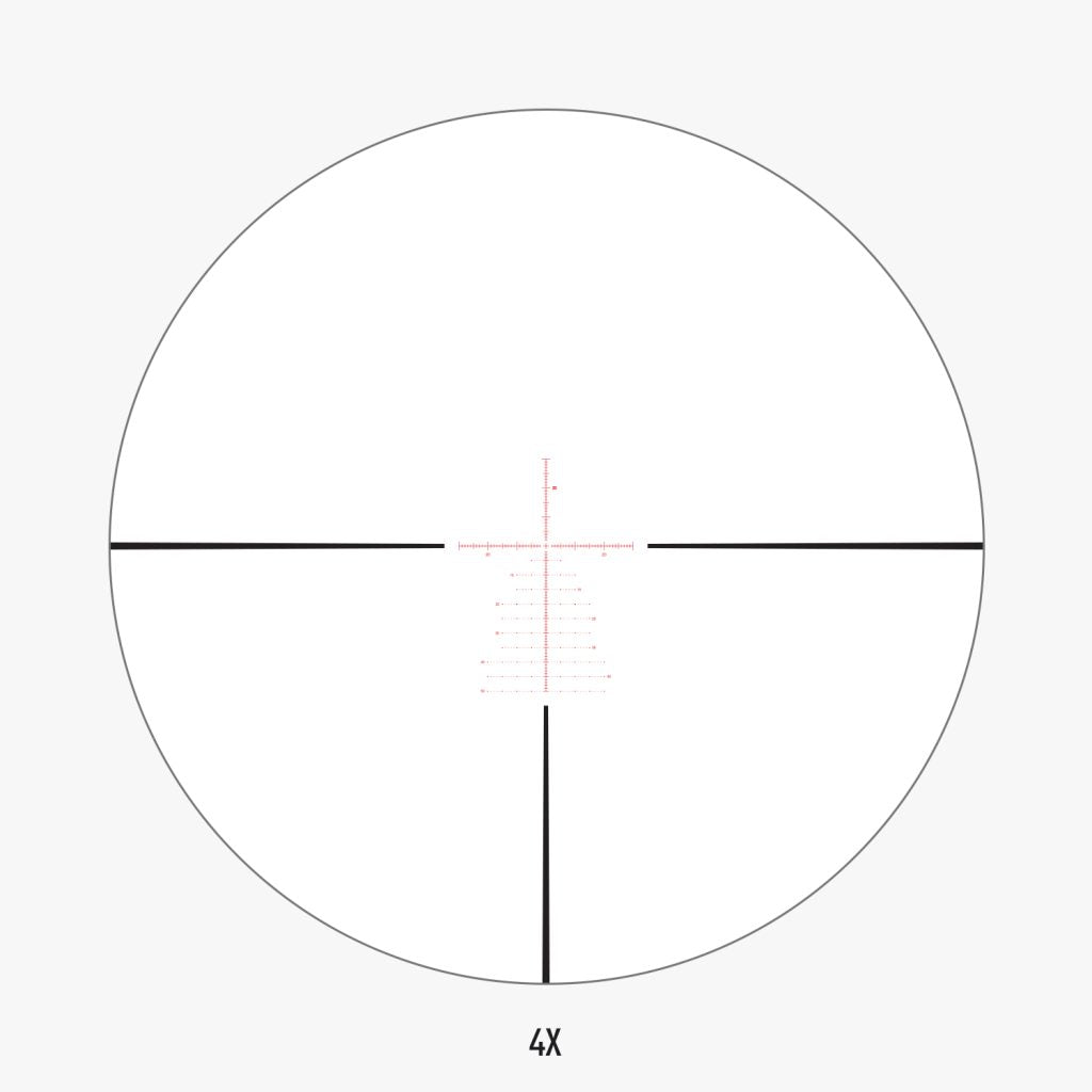 APLR6 FFP IR MOA reticle view at 4x magnification showing Christmas-tree holdover pattern and floating center cross