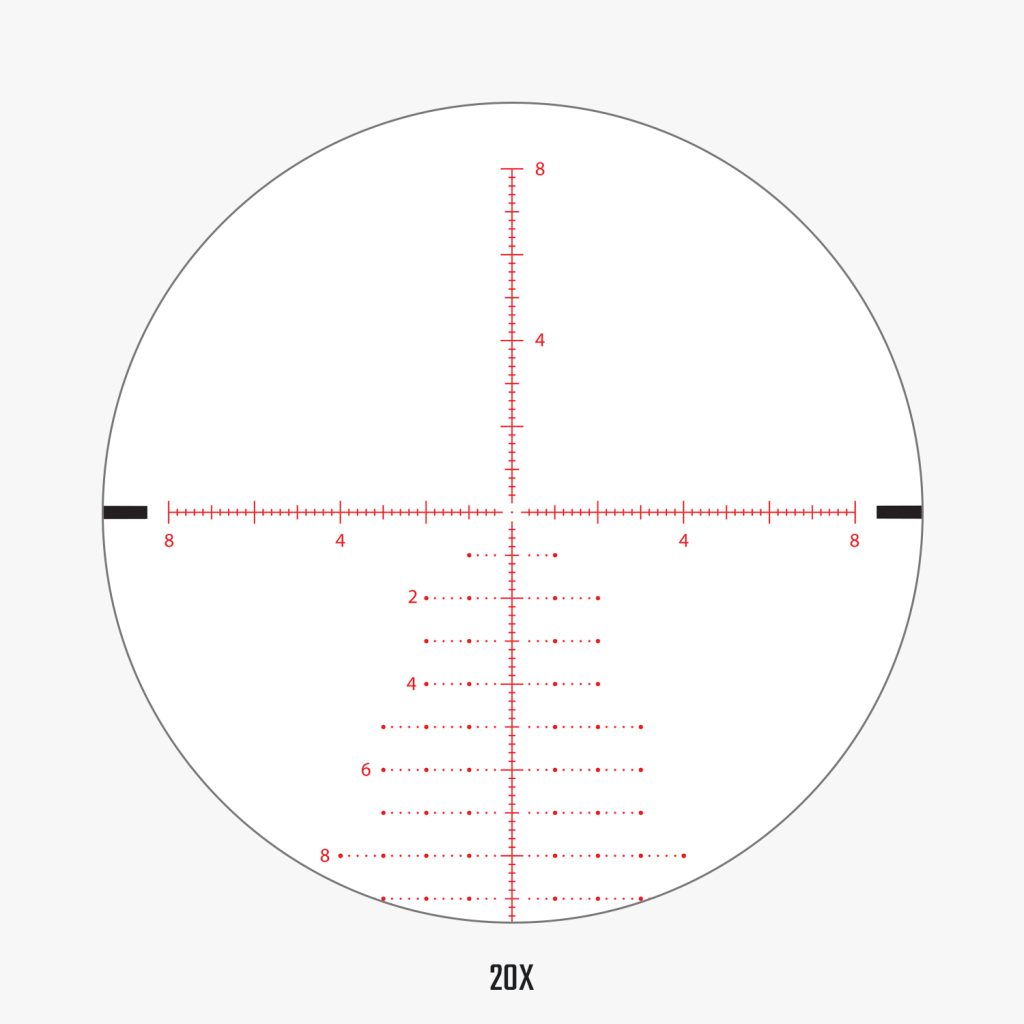 APRS6 FFP IR MIL reticle view at 20x magnification showing detailed MIL hash marks and wind hold dots