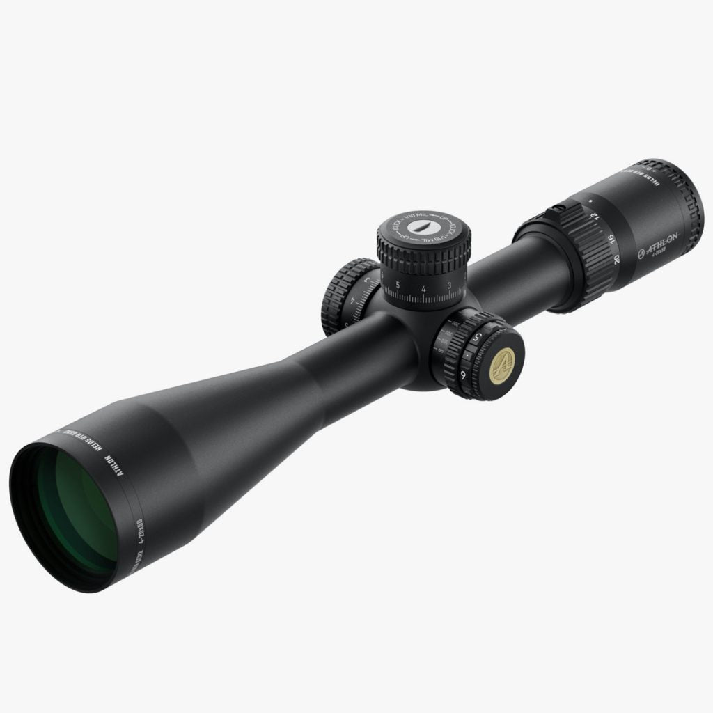 Athlon Optics Helos BTR GEN2 4-20x50 riflescope front three-quarter view showing 30mm tube, exposed locking turrets, and 50mm objective bell