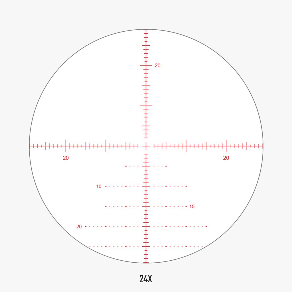 APLR6 FFP IR MOA reticle view at 24x magnification showing detailed MOA hash marks and wind hold dots