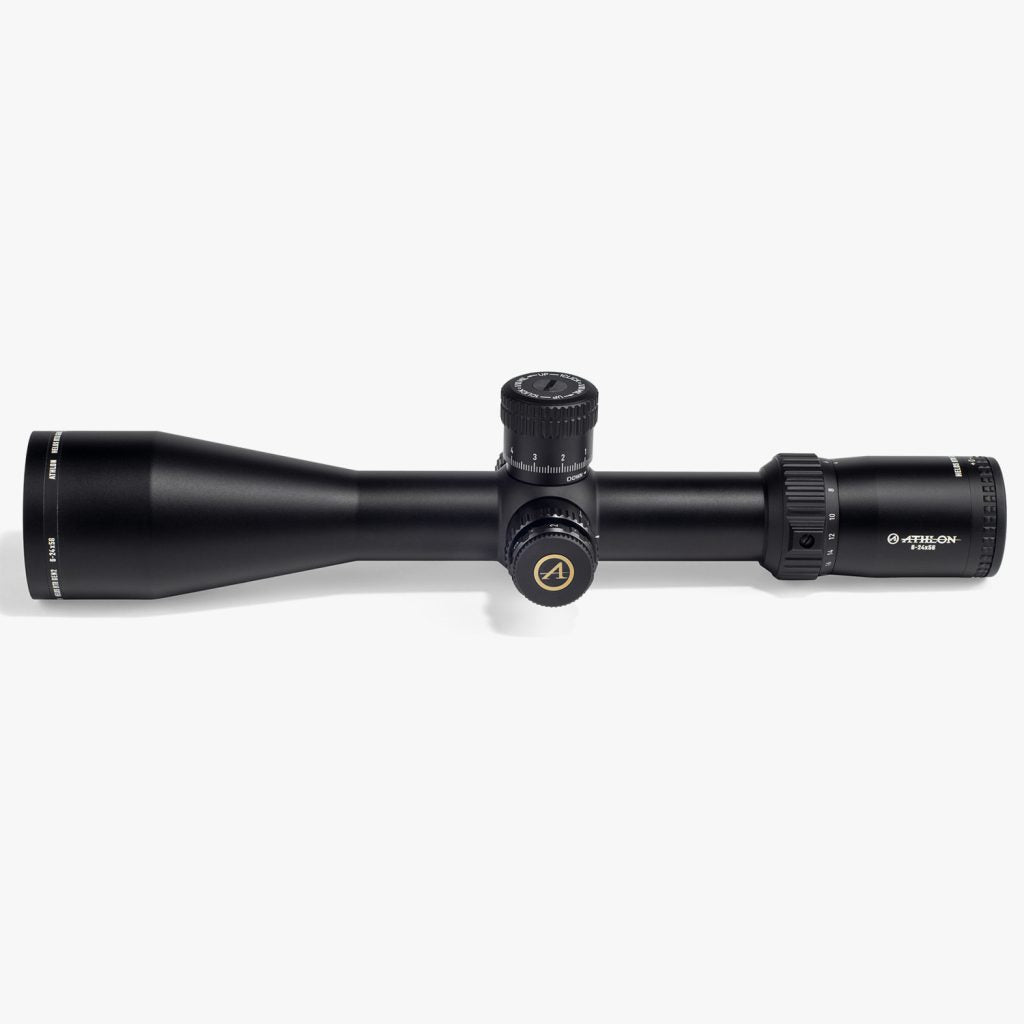 Athlon Optics Helos BTR GEN2 6-24x56 side profile showing magnification ring, side focus parallax knob, and eyepiece