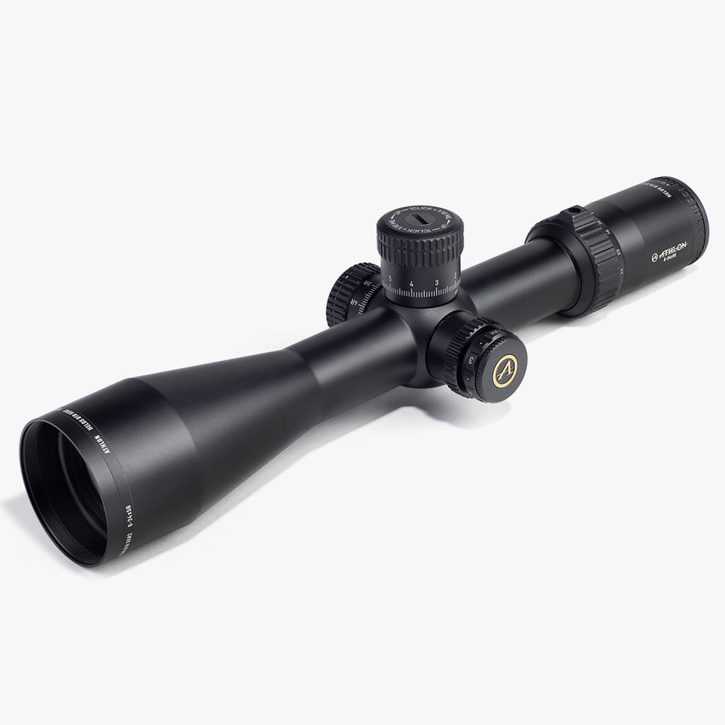 Athlon Optics Helos BTR GEN2 6-24x56 riflescope front three-quarter view showing 34mm tube, exposed locking turrets, and 56mm objective bell