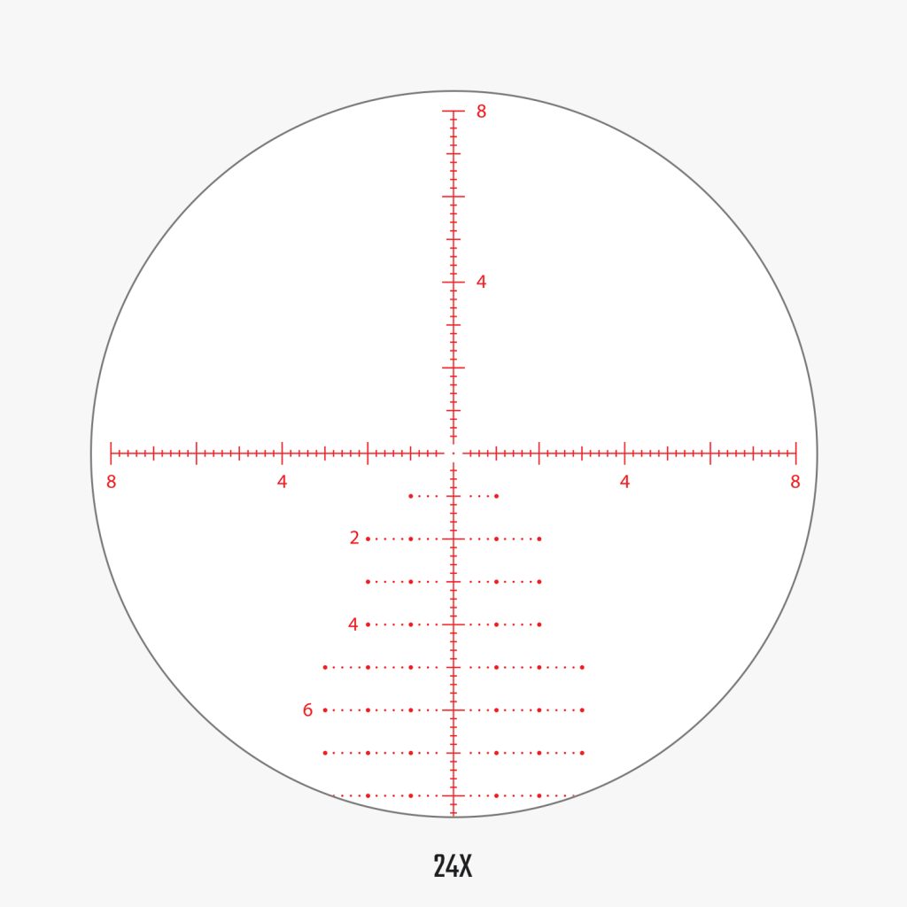 APRS6 FFP IR MIL reticle view at 24x magnification showing detailed MIL hash marks and wind hold dots