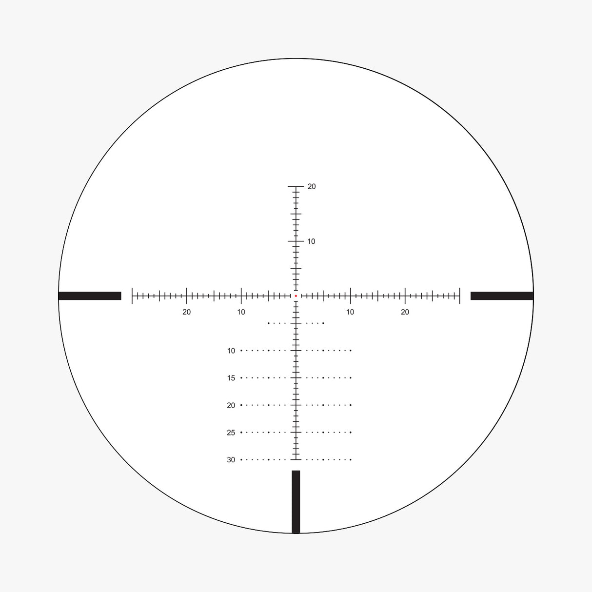 APLR7 SFP IR MOA reticle view showing illuminated 0.3 MOA floating center dot with 1 MOA hash marks and drop lines to 30 MOA