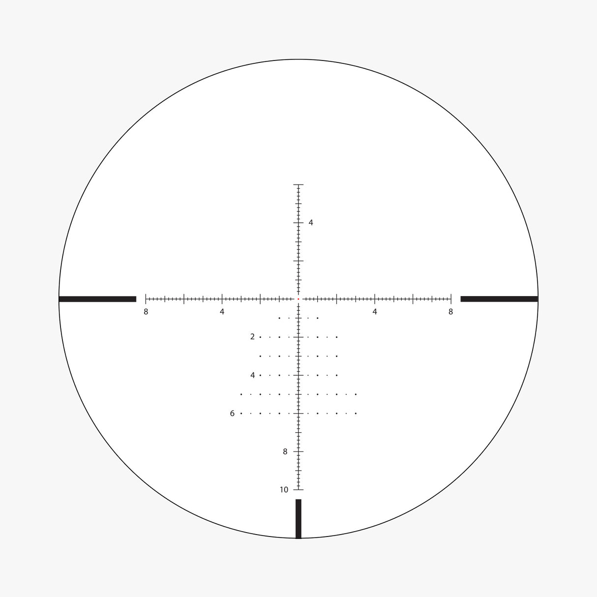APRS7 SFP IR MIL reticle view showing illuminated 0.07 MIL floating center dot and 0.2 MIL hash marks in all four directions