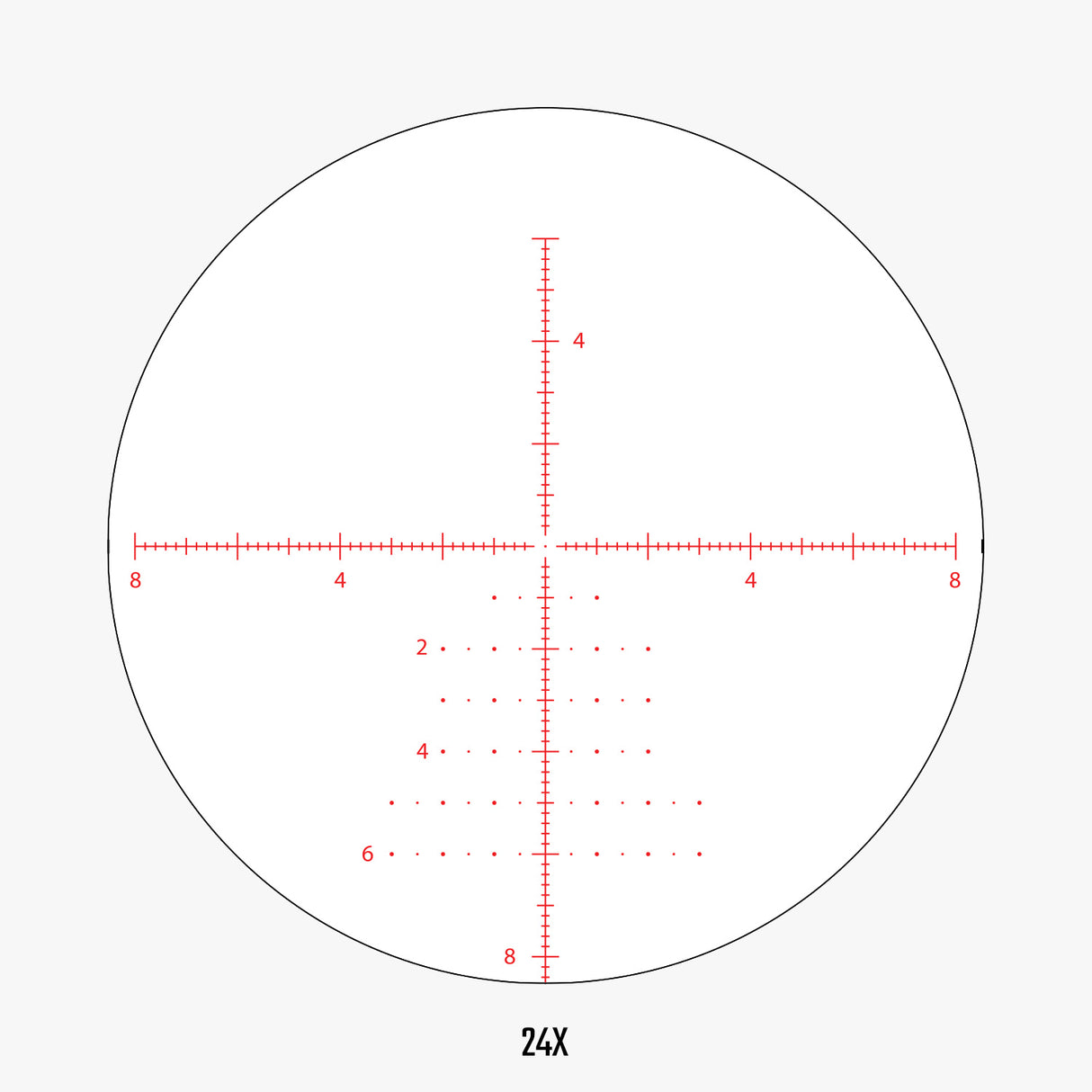 APRS9 FFP IR MIL reticle view at 24x magnification showing detailed subtension marks and floating center dot at full zoom