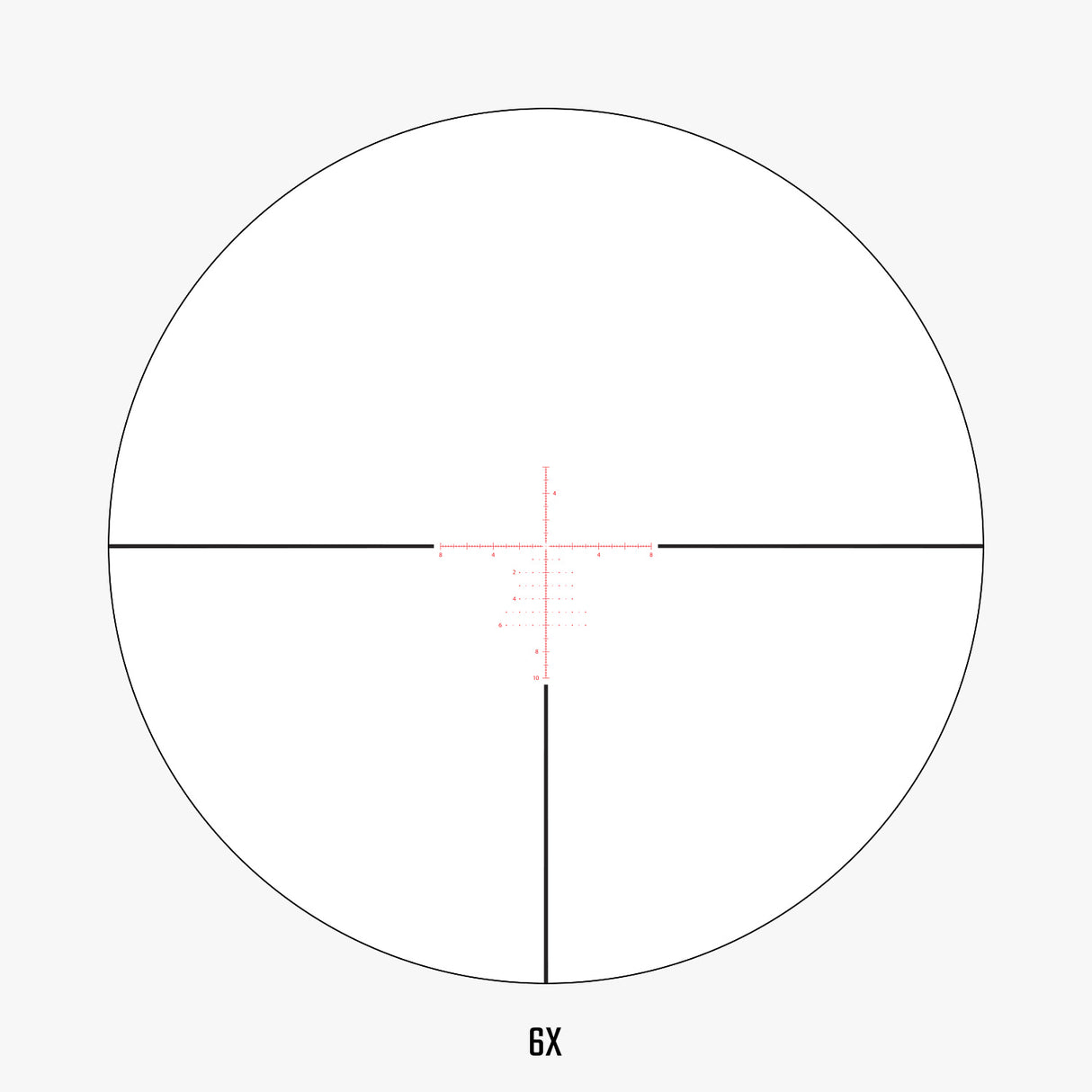 APRS9 FFP IR MIL reticle view at 6x magnification showing illuminated center dot and MIL hash marks at low power