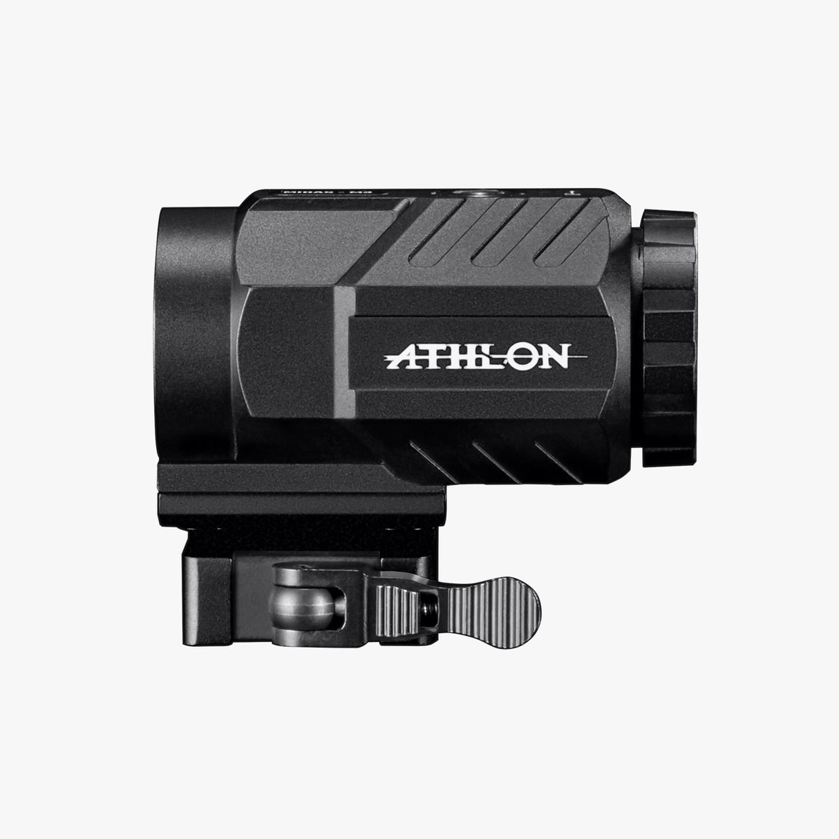 Athlon Midas M3 3x magnifier side profile showing objective lens, fast focus ring, and picatinny mount