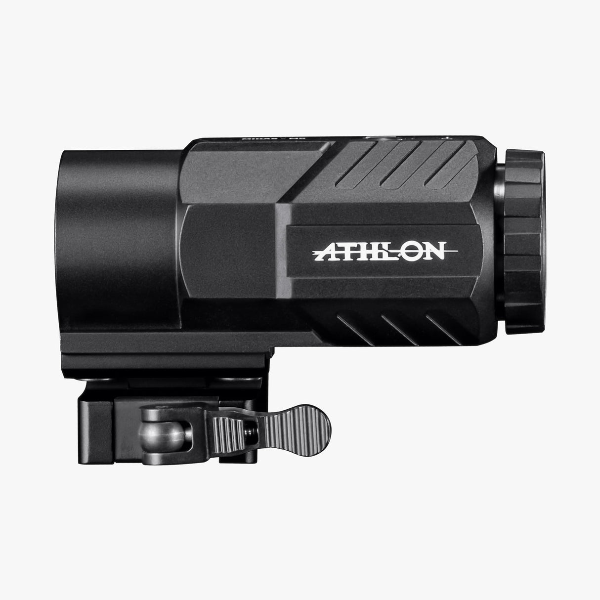 Athlon Midas M5 5x magnifier side profile showing objective lens, fast focus ring, and picatinny mount
