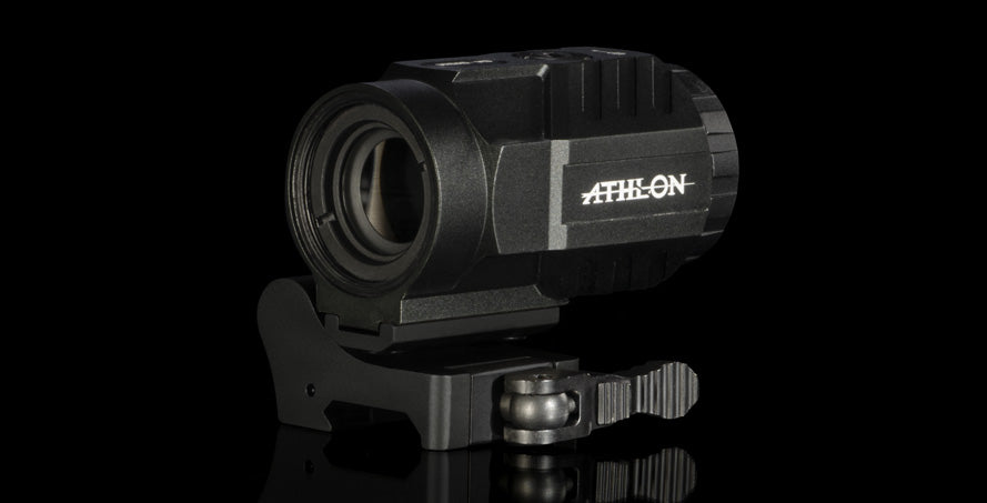 Athlon Midas M5 magnifier mounted on picatinny rail behind a red dot sight
