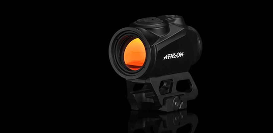 Athlon Midas Strobe TSR3 red dot sight showing lens reflections from advanced fully multi-coated optics