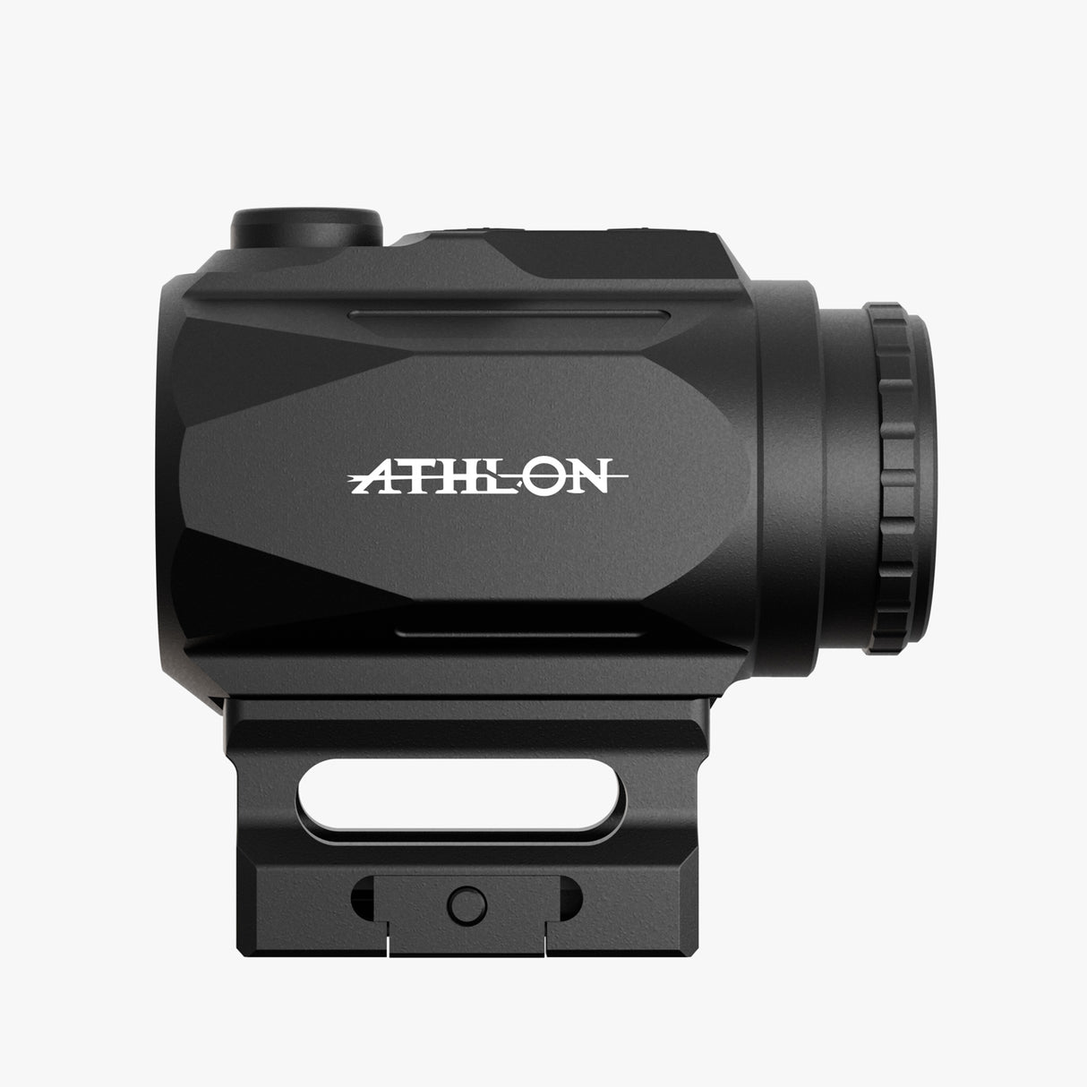Athlon Midas Flare 1x prism scope side profile showing picatinny mount, turret caps, and 3-inch overall length