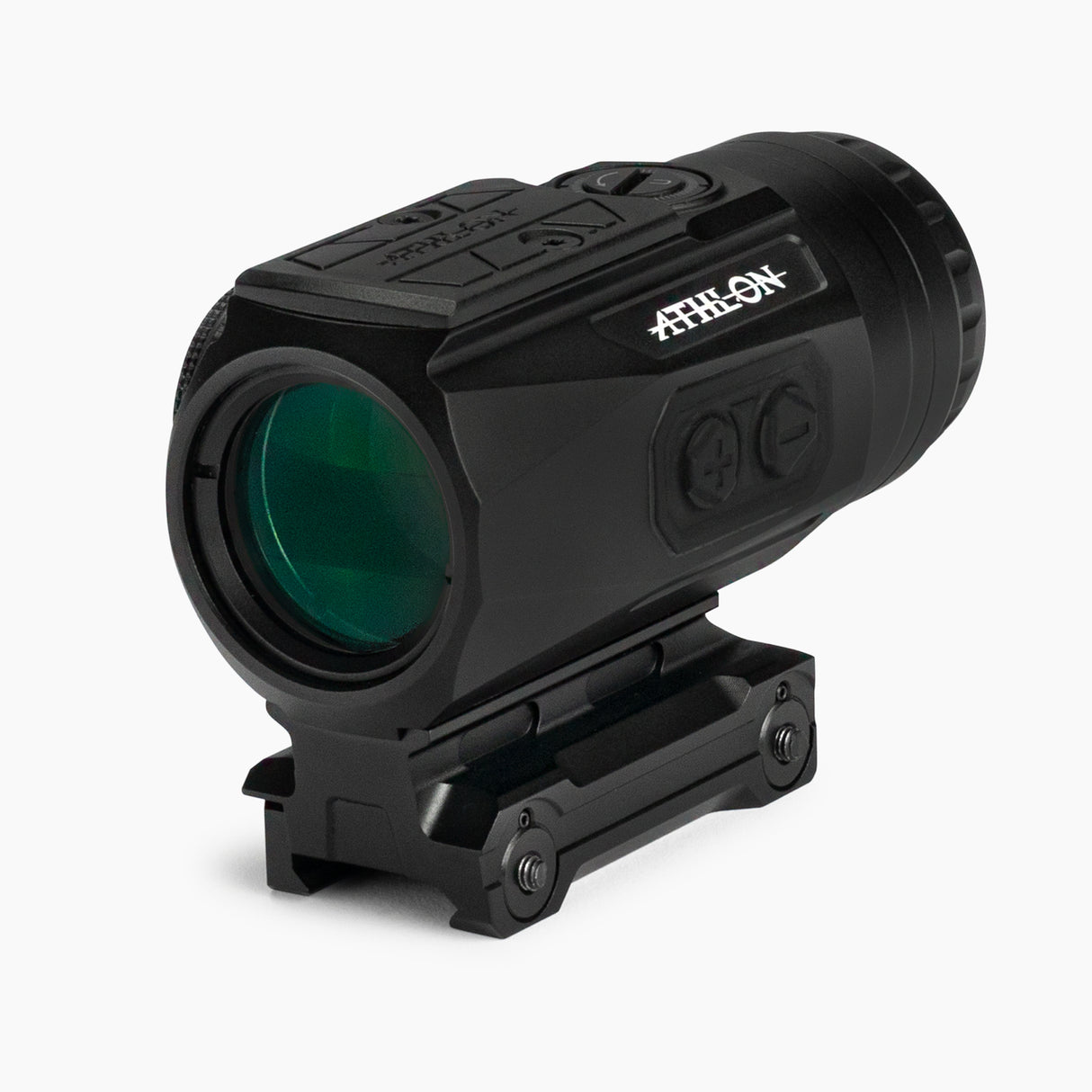 Athlon Midas Flare 3x prism scope isometric view showing compact aluminum chassis and capped turrets