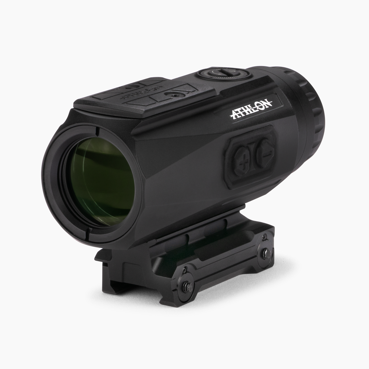 Athlon Midas Flare 5x prism scope isometric view showing compact aluminum chassis and capped turrets