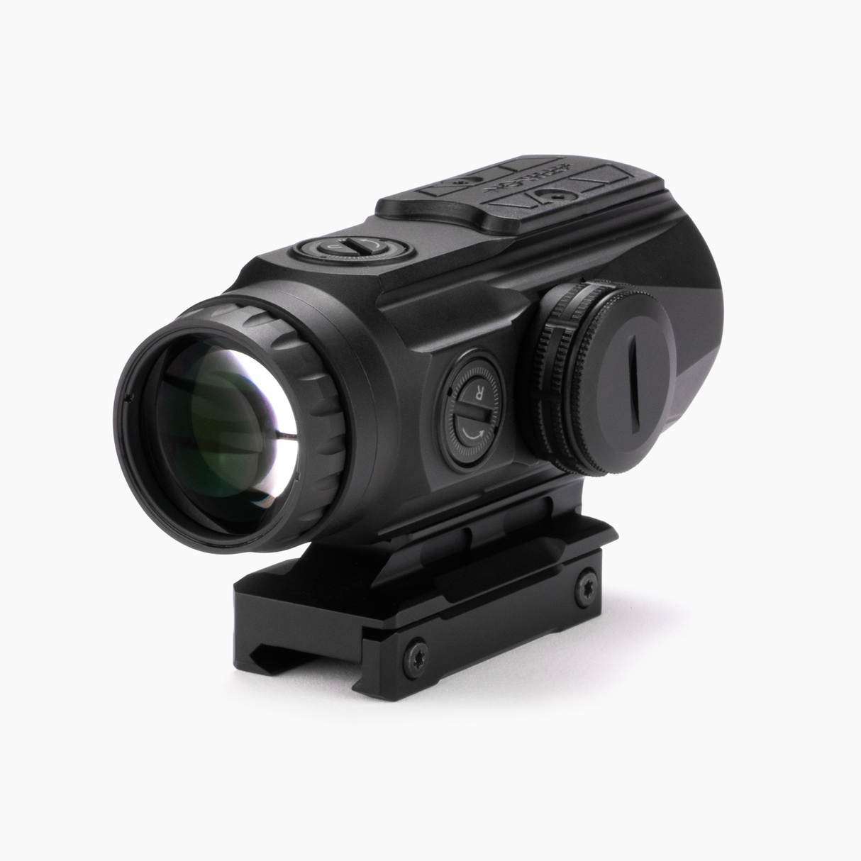 Athlon Midas Flare 5x prism scope rear isometric view showing fast focus ring and illumination controls