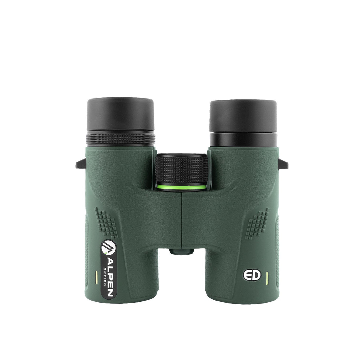 Alpen Chisos 6.5x32 ED binoculars front view showing the center focus wheel with green accent ring and twist-up eyecups