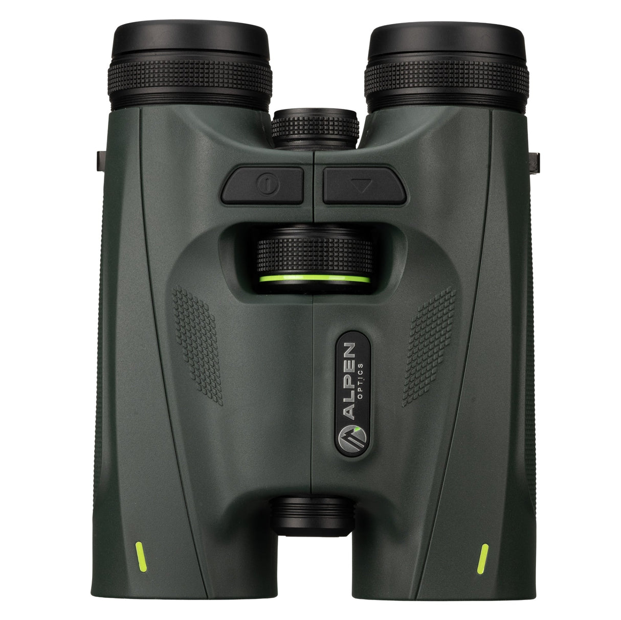 Top-down view of Alpen Chisos 10x42 ED LRF Binoculars showing rangefinder power and mode buttons, center focus wheel with green ring, Alpen Optics badge, and symmetrical textured grip panels on both barrels