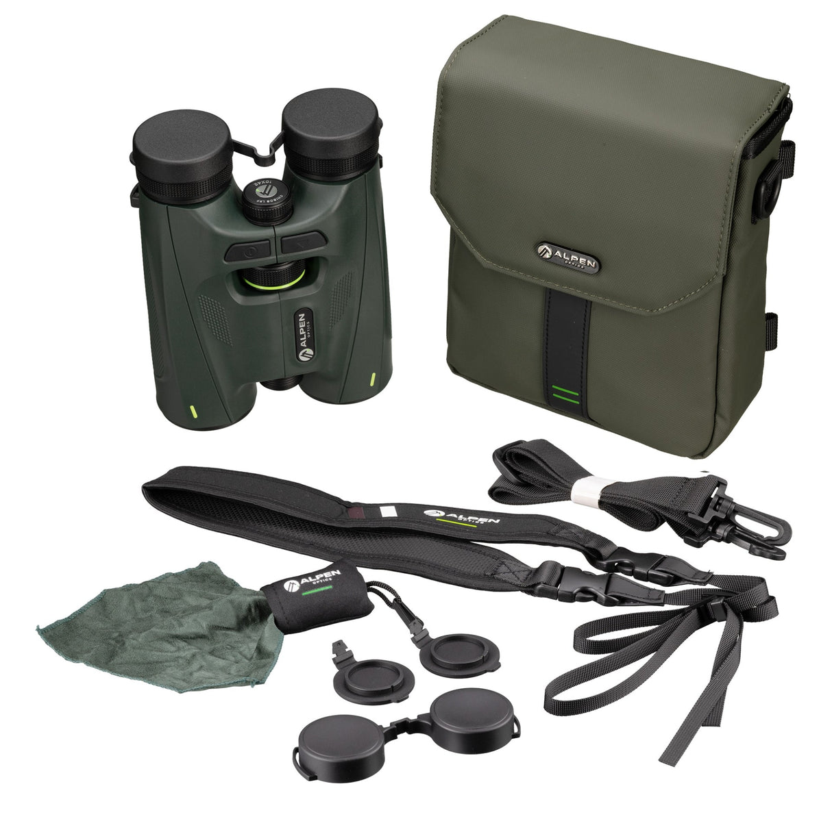 Complete Alpen Chisos 10x42 ED LRF Binoculars kit showing binoculars, 900D sailcloth carrying case, padded neck strap, cleaning cloth, tethered objective lens caps, and eyepiece rain guard