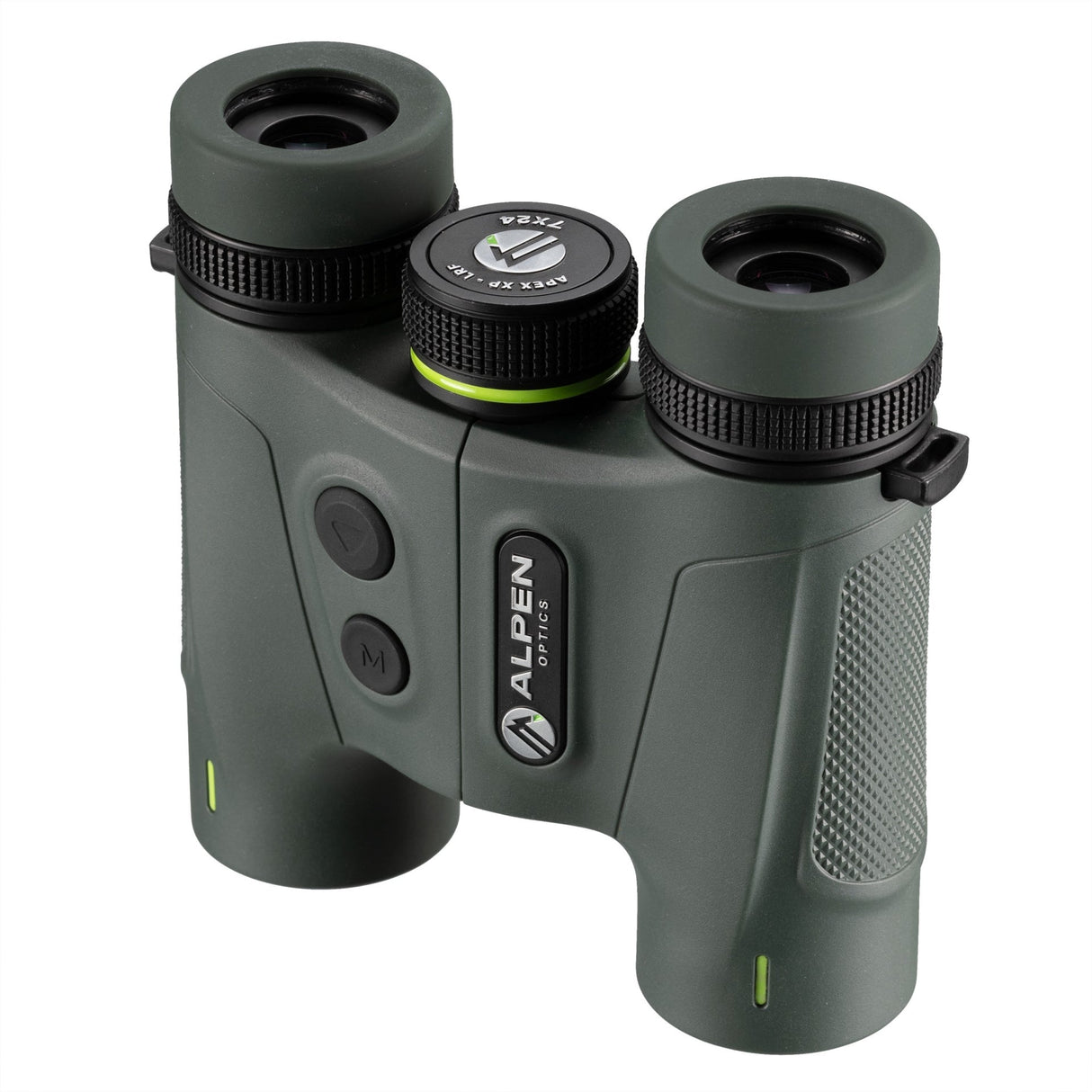 Alpen Apex XP 7x24 LRF binoculars rear three-quarter view showing twist-up eyecups, 7x24 APEX XP LRF model marking on diopter ring, and rubber-armored compact body