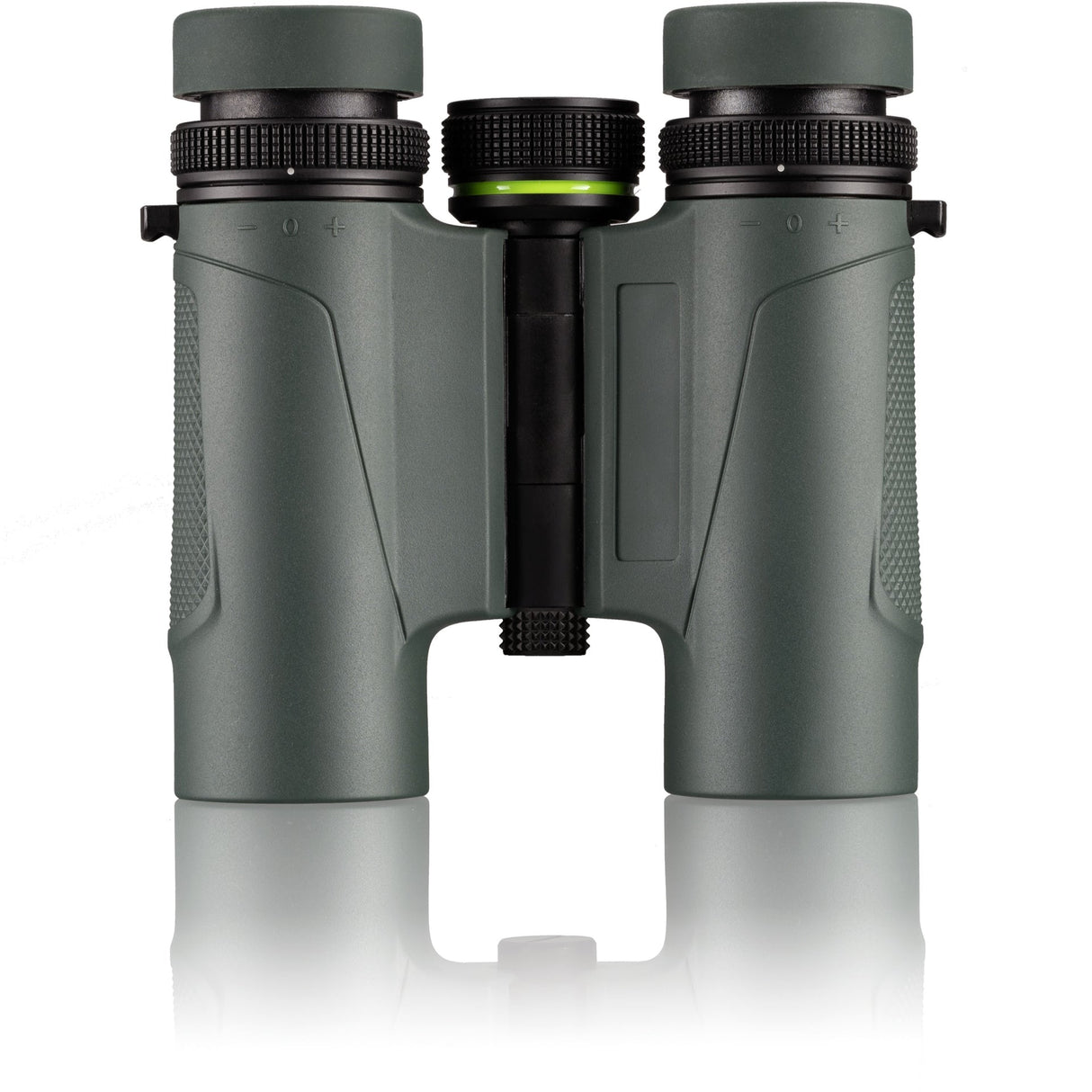 Alpen Apex XP 7x24 LRF binoculars front view showing both objective lenses, diopter adjustment markings, center bridge with battery compartment, and compact profile