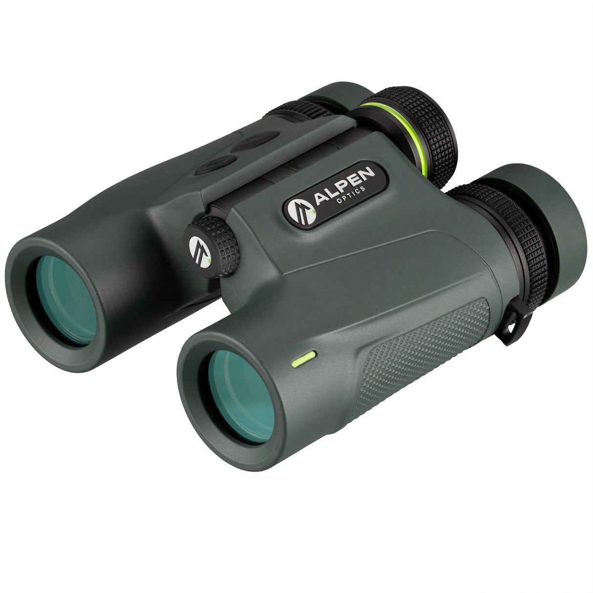 Alpen Apex XP 7x24 LRF binoculars objective end three-quarter view showing green-tinted multi-coated lenses, Alpen Optics badge, and strap lug attachment point