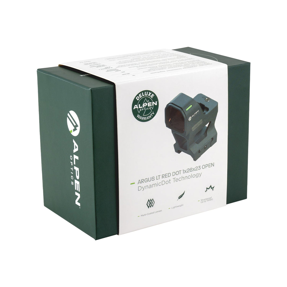 Alpen Argus LT 1x26 red dot shown with its full retail box contents including both mounts, battery, and instruction manual