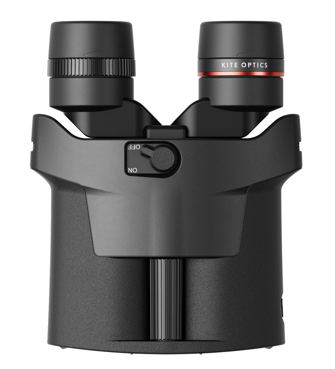 Kite Optics APC Stabilized 30 binoculars -- front view showing eyepieces, focus wheel, and Kite Optics logo