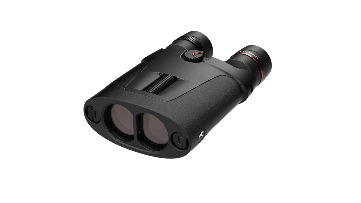 Kite Optics APC Stabilized 42 binoculars — bottom angle showing 42mm objective lenses, battery covers, and strap loops