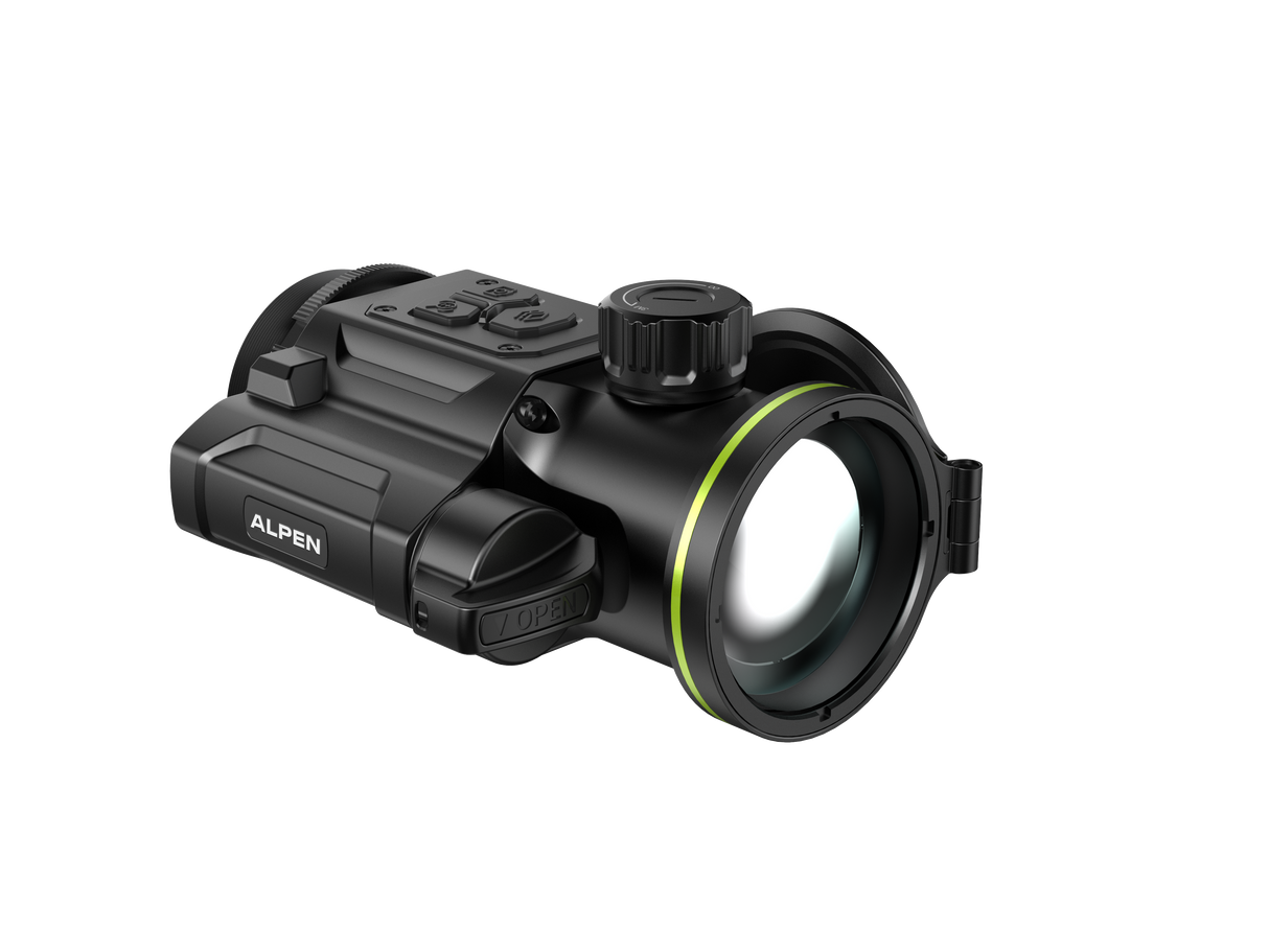 Alpen Apex 640 Thermal Clip-On from a 45-degree right angle showing the Alpen Optics logo and eyepiece end