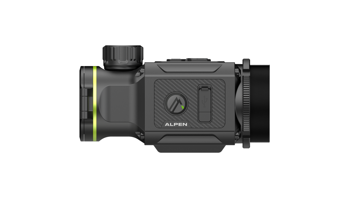Alpen Apex 640 50mm Thermal Clip-On alternate angle view showing the full profile and battery compartment cover