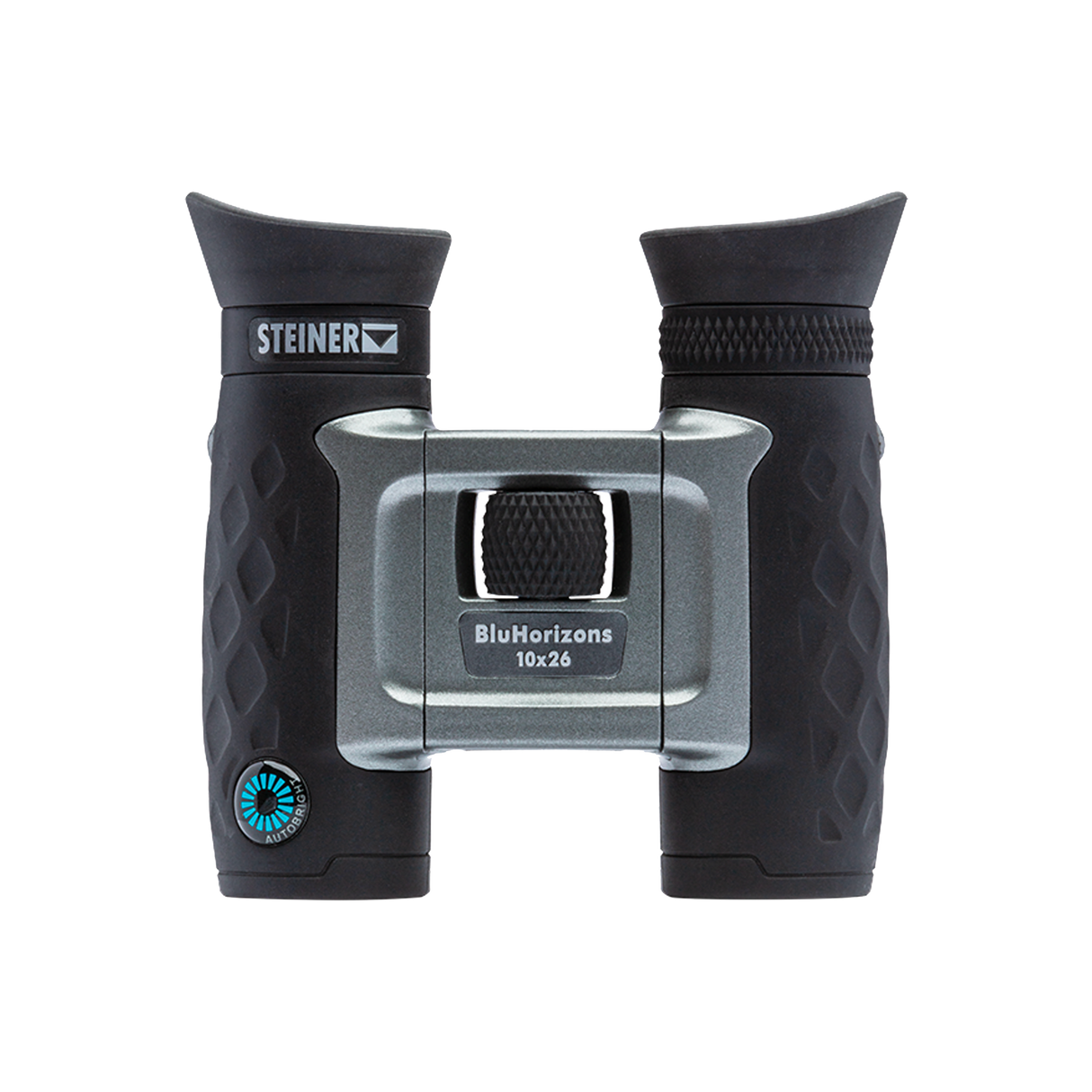 Steiner BluHorizons 10x26 compact binocular, front view showing the silver AutoBright body and BluHorizons 10x26 marking