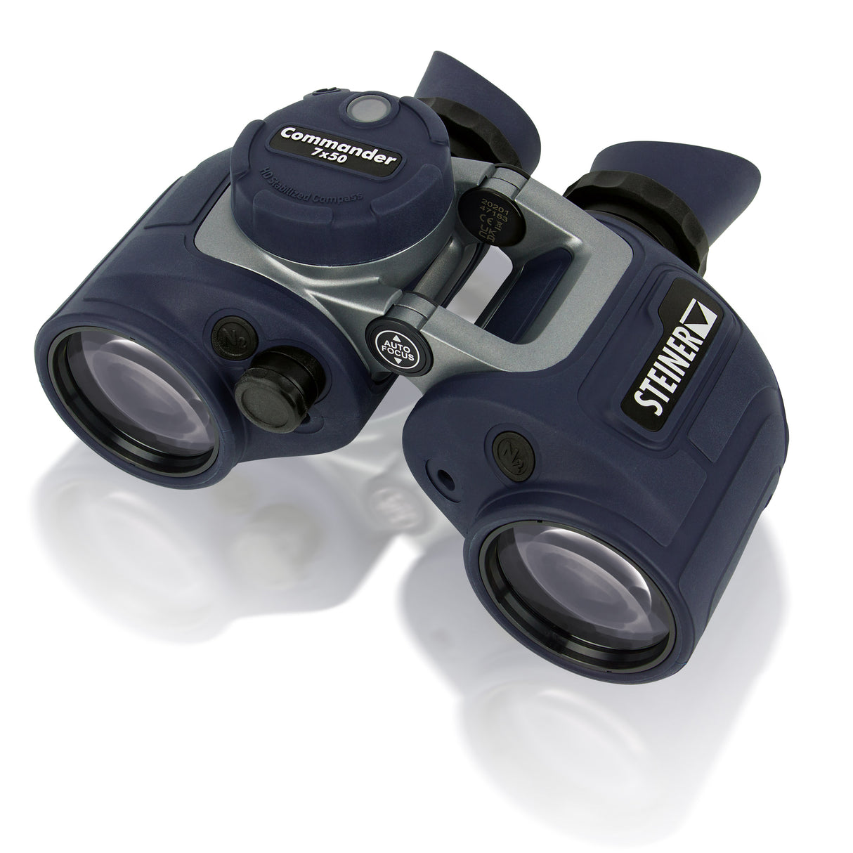 Steiner Commander 7x50c marine binoculars at three-quarter angle showing the HD-Stabilized Compass housing and AUTO FOCUS control