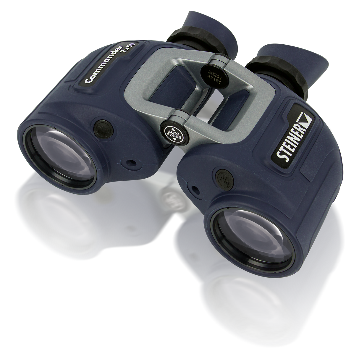 Steiner Commander 7x50 marine binocular, angled view showing the auto-focus bridge control and N2 valves