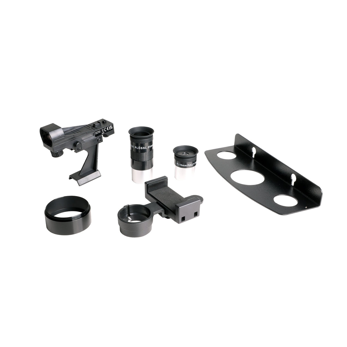 Accessories supplied with the 6-inch Tabletop Dobsonian: red dot finder, 25mm and 10mm Plössl eyepieces, adapter ring, smartphone adapter and eyepiece rack